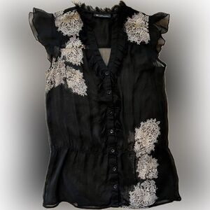 INC Int’l sheer black flutter sleeved pinch waist blouse 8 very dressy detailed